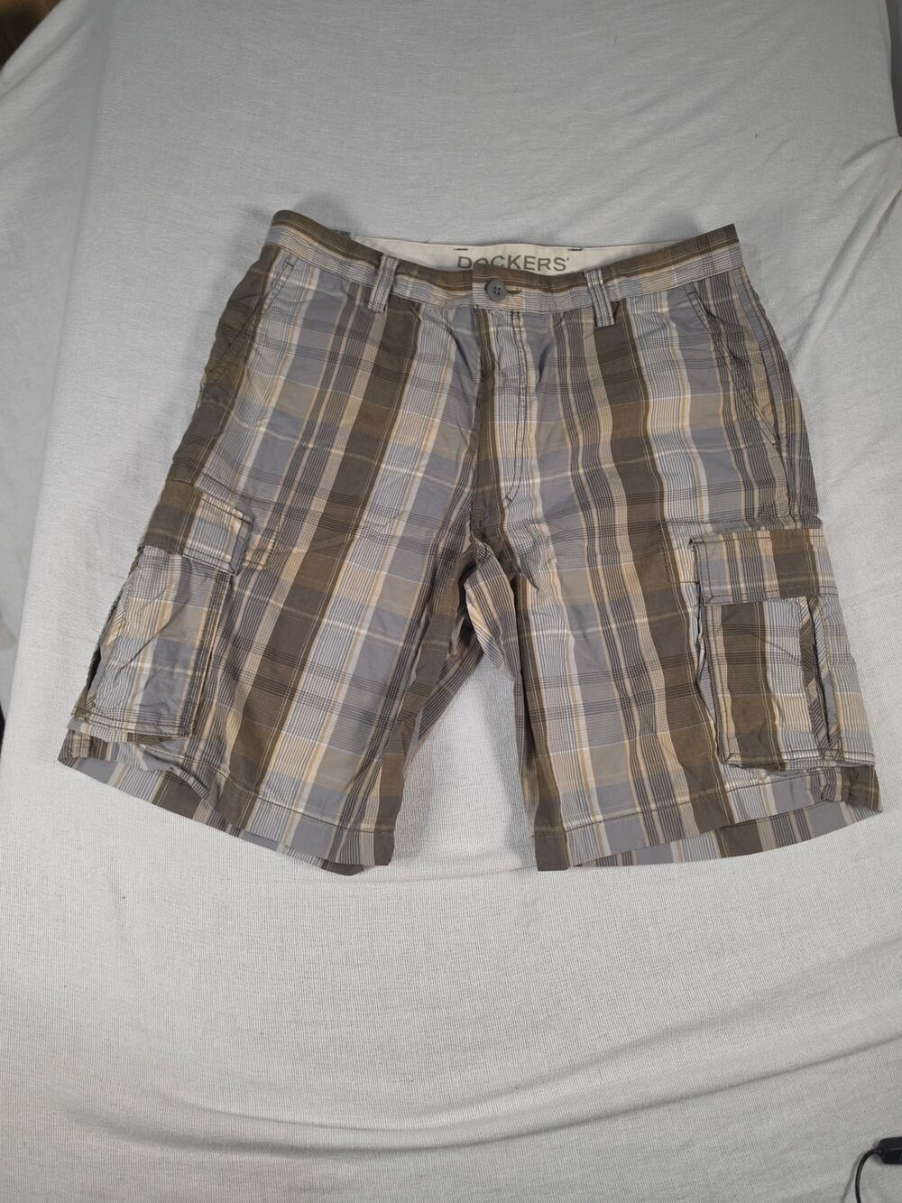 Dockers Plaid Cargo Shorts Mens 36 Brown Gray Cotton